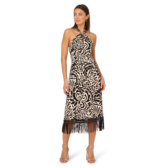 Adrianna Papell Sleeveless Halter Fringe Trim Midi Dress - Black/Beige NWT 14 - Picture 1 of 5